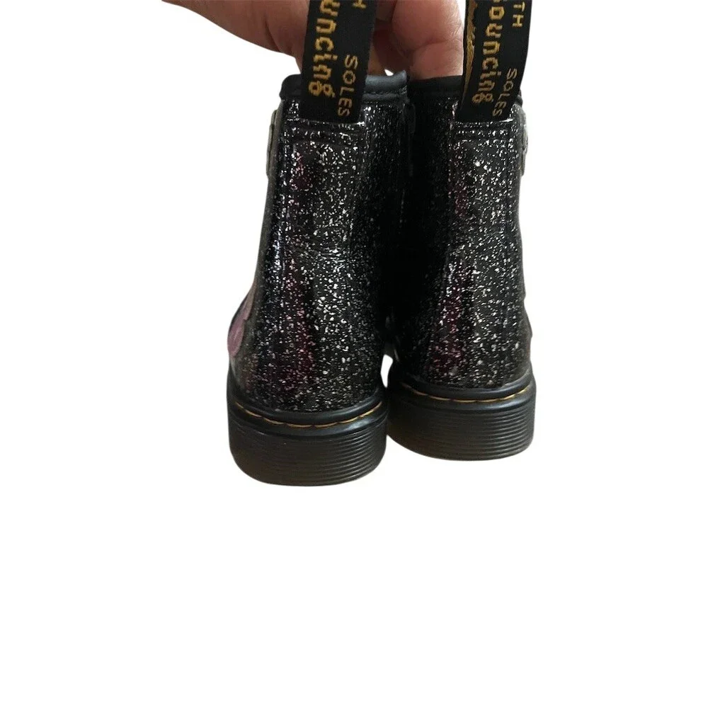 Dr. Martens 1460 Girls Boots Size 10 Black Glitter Floral Lace-Up Side Zip